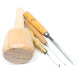 3x Woodcarving Tools + Mallet  (Beech)